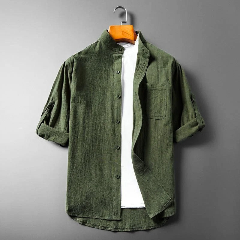 men's linen blend long-sleeve shirt with band collar and chest pocket