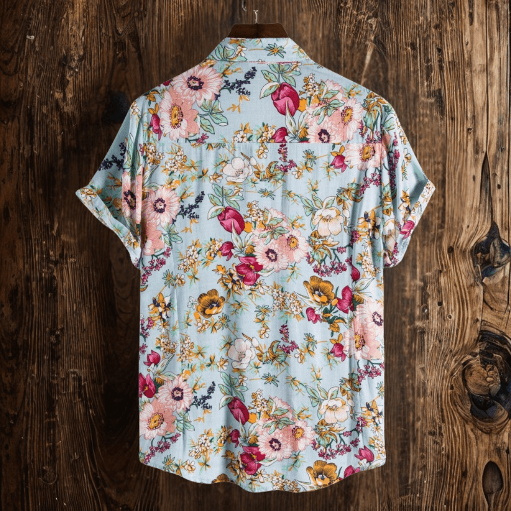 men's floral print short sleeve button-up shirt with chest pocket
