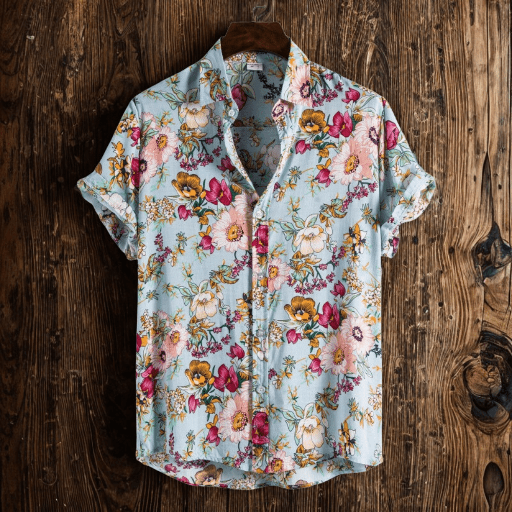 men's floral print short sleeve button-up shirt with chest pocket