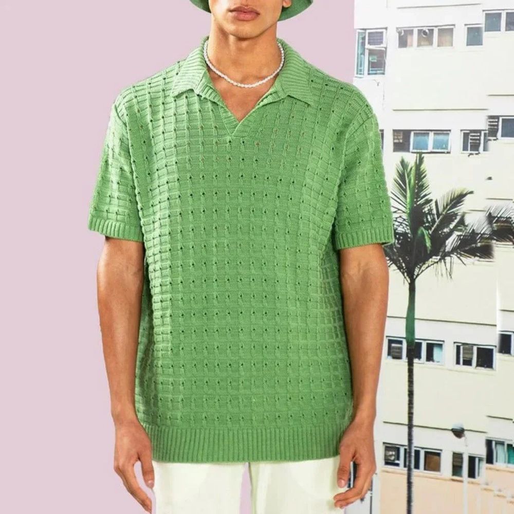 men's knit polo with open v-neck and waffle texture short sleeve