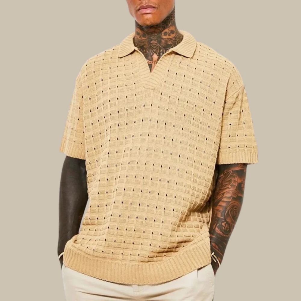 men's knit polo with open v-neck and waffle texture short sleeve