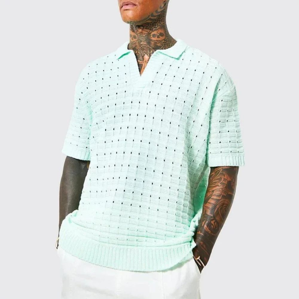 men's knit polo with open v-neck and waffle texture short sleeve