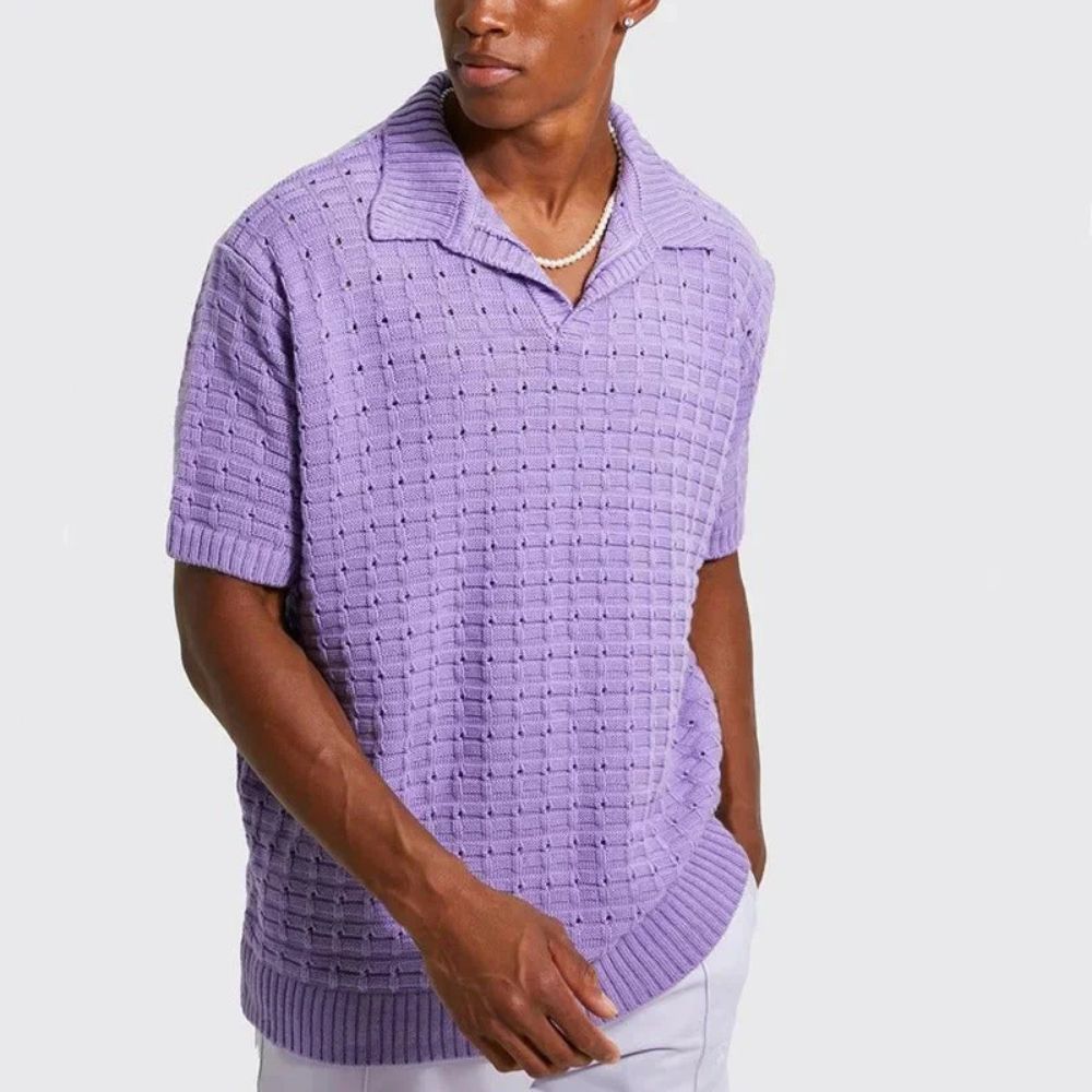 men's knit polo with open v-neck and waffle texture short sleeve