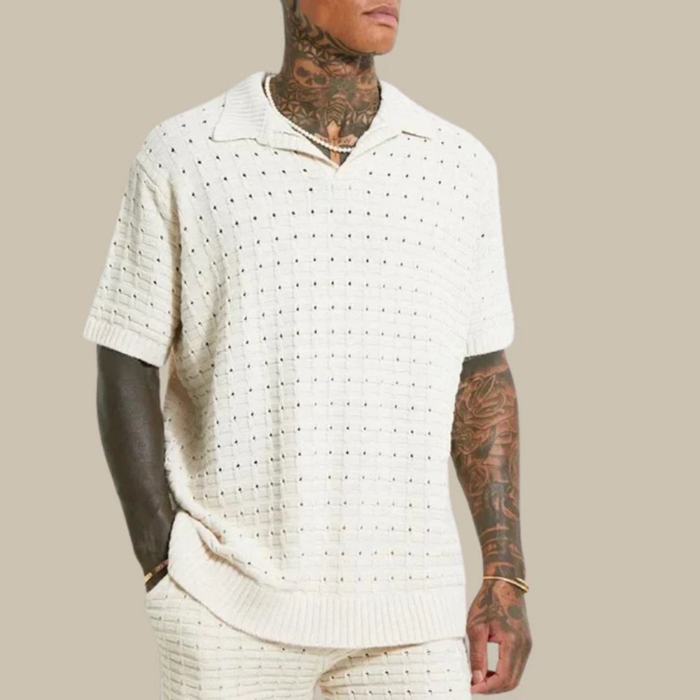 men's knit polo with open v-neck and waffle texture short sleeve