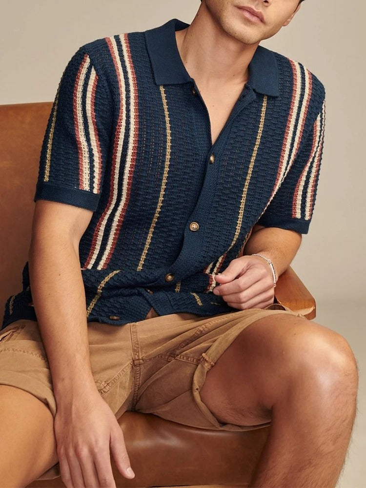 men's open knit short sleeve shirt with revere collar and vertical stripe