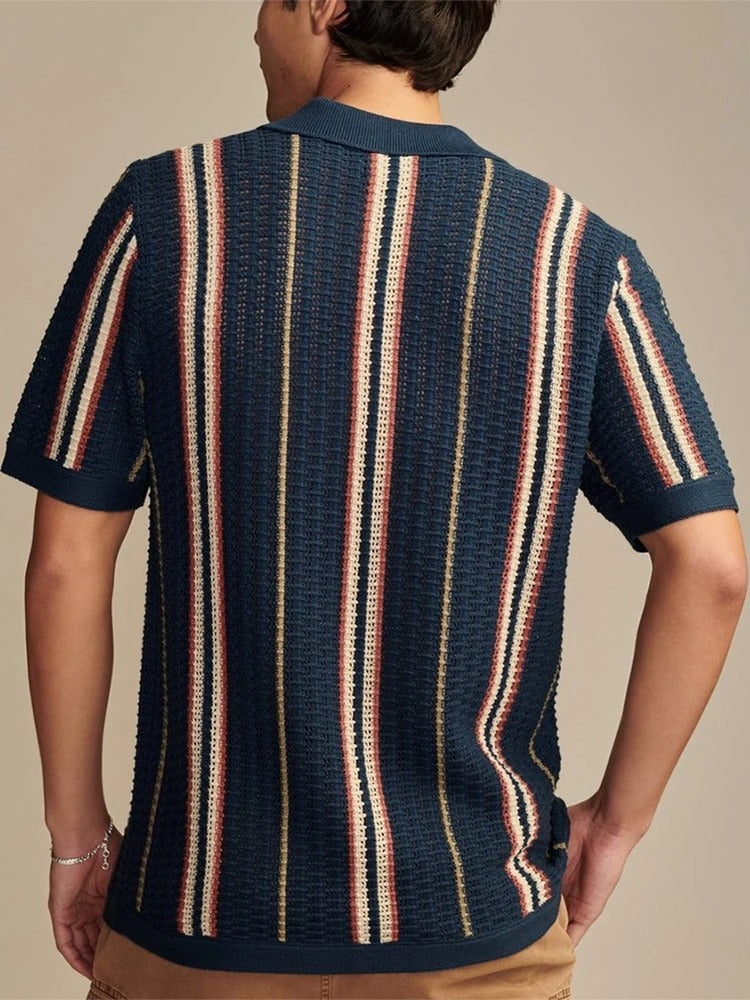 men's open knit short sleeve shirt with revere collar and vertical stripe