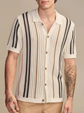 men's open knit short sleeve shirt with revere collar and vertical stripe