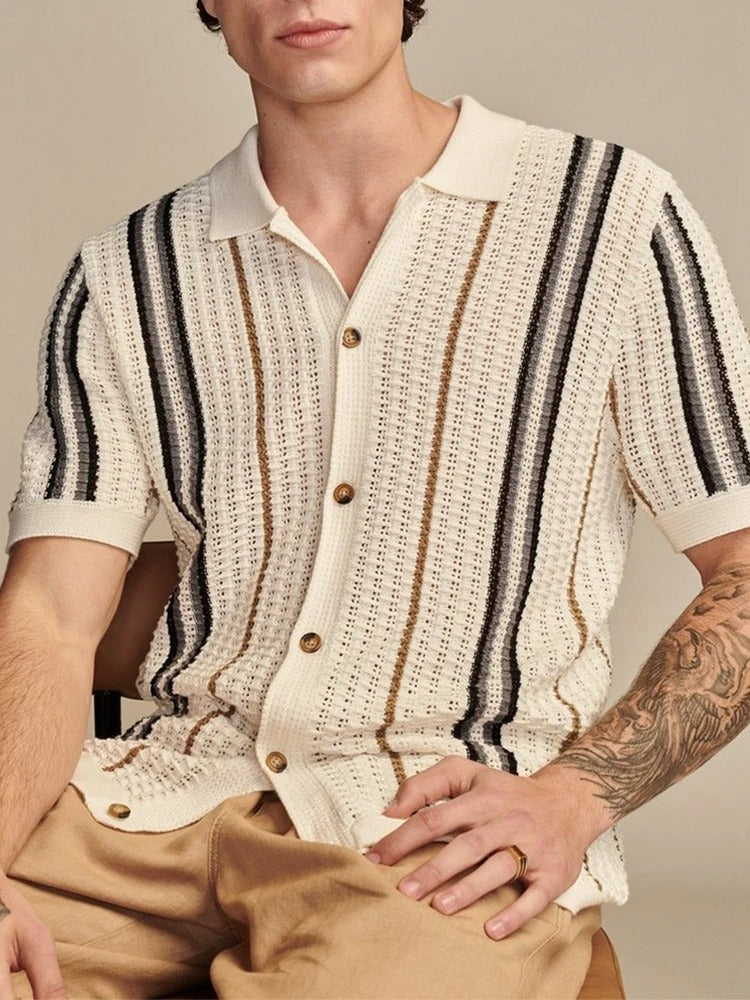 men's open knit short sleeve shirt with revere collar and vertical stripe