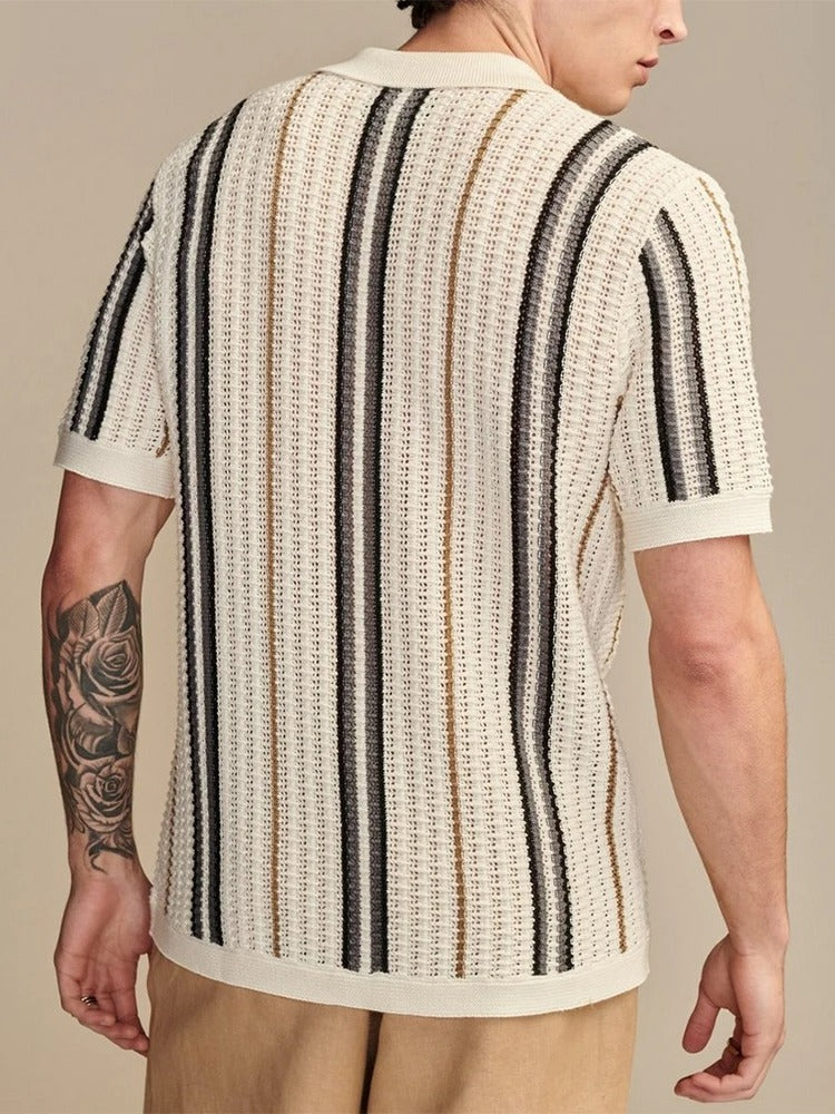men's open knit short sleeve shirt with revere collar and vertical stripe