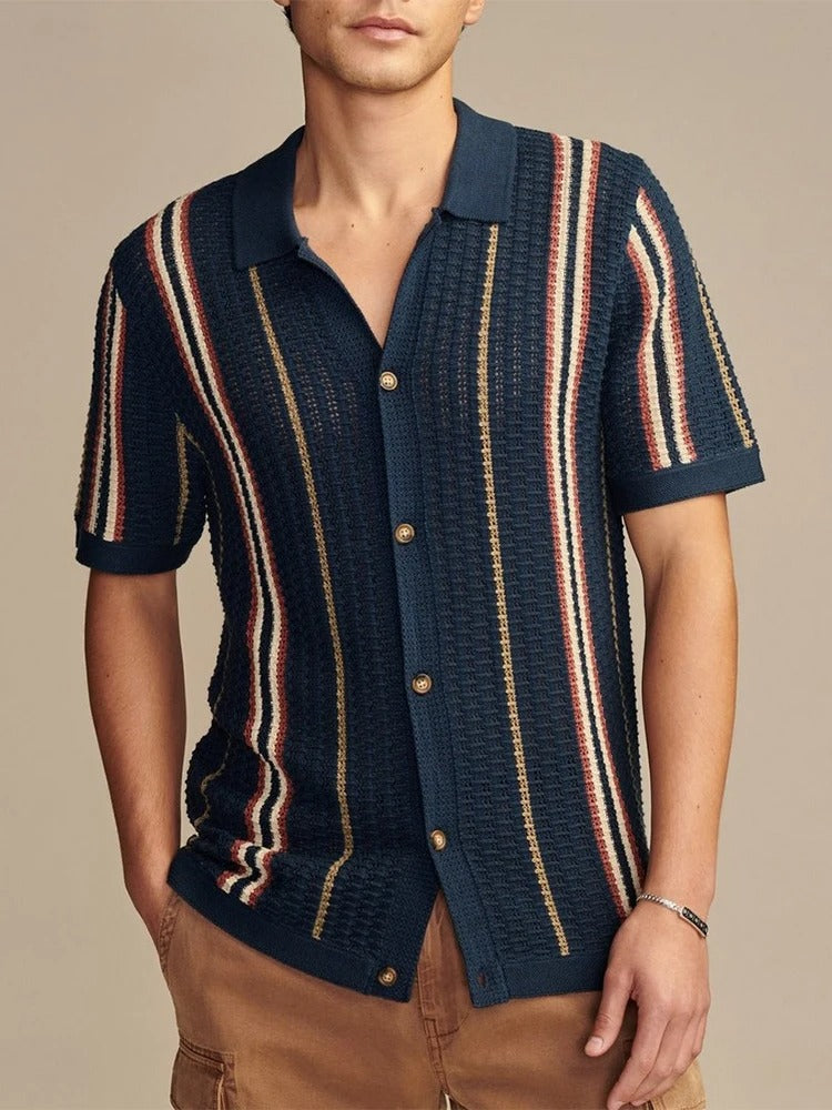 men's open knit short sleeve shirt with revere collar and vertical stripe