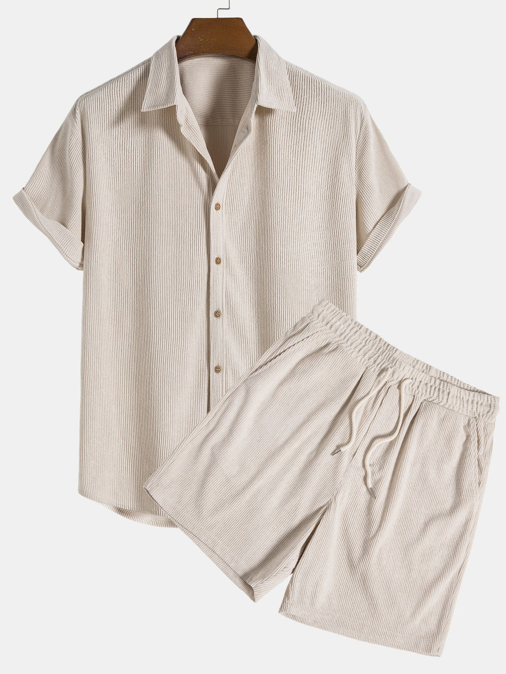 men's ribbed short set with button front shirt and elastic drawstring shorts