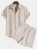 men's ribbed short set with button front shirt and elastic drawstring shorts