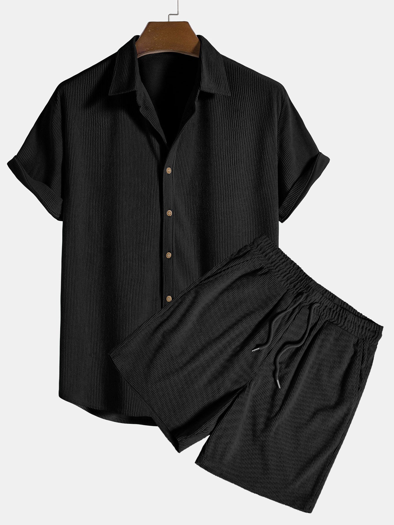 men's ribbed short set with button front shirt and elastic drawstring shorts