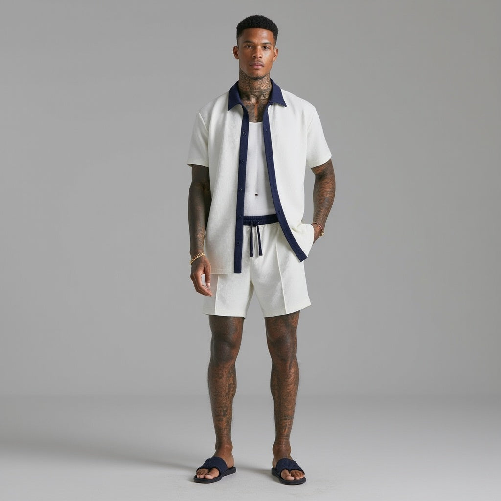 men's ribbed two-piece set with button-front top and drawstring shorts