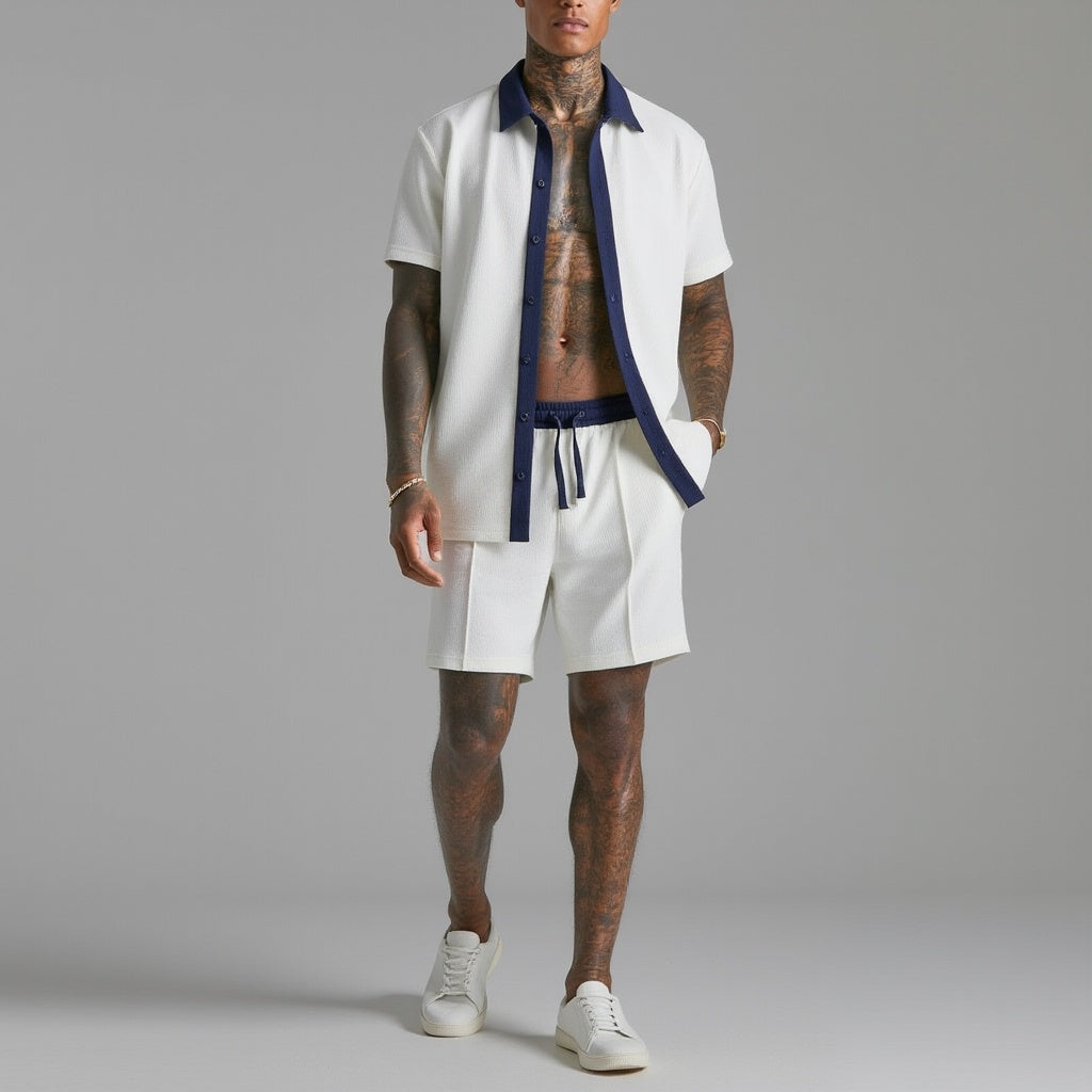 men's ribbed two-piece set with button-front top and drawstring shorts