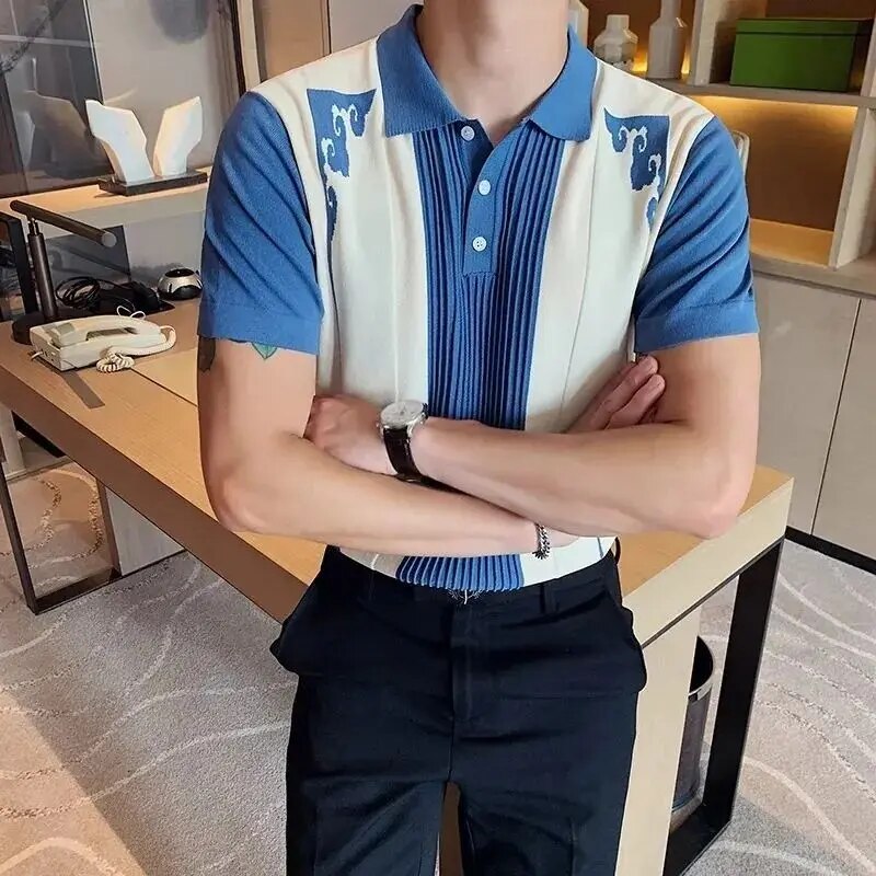 men's polo shirt with short sleeve contrasting panel and button placket