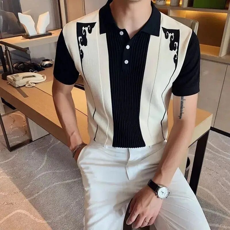 men's polo shirt with short sleeve contrasting panel and button placket