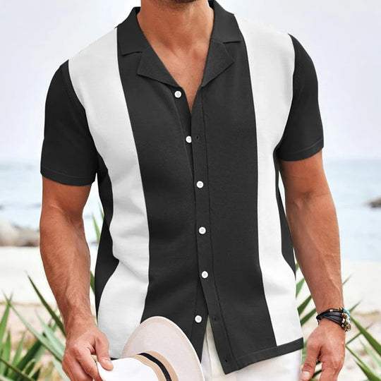 men's short sleeve polo shirt with vertical contrast panels and button placket