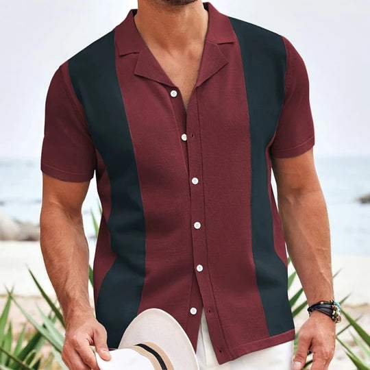 men's short sleeve polo shirt with vertical contrast panels and button placket