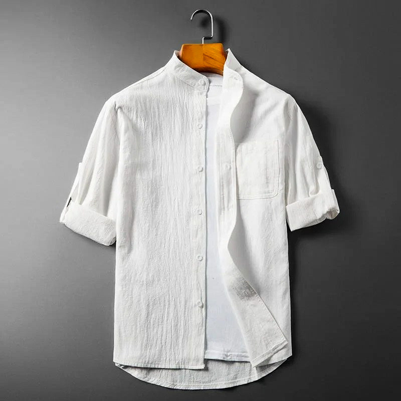 men's linen blend long-sleeve shirt with band collar and chest pocket